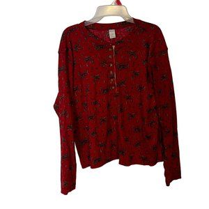 VINTAGE Lands End Red Thermal Shirt 1/4 Button Up Winter Cabin USA MADE Large